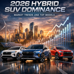 Infographic on 2026 hybrid SUV market trends and top models, with futuristic city skyline and renewable energy icons