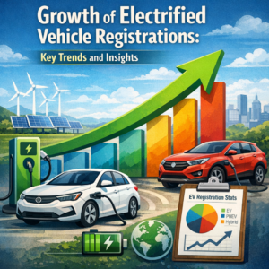 Rising bar chart showing growth of electrified vehicle registrations with electric cars and renewable energy icons