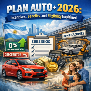 Infographic explaining Argentina’s Plan Auto+ 2026 incentives, benefits, subsidies, eligibility, and financing options