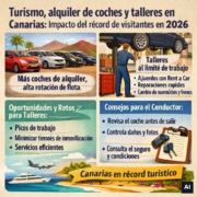 Turismo, alquiler de coches y talleres en Canarias: impacto del récord de visitantes en 2026. «Imagen generada por IA, cumplimiento EU AI Act»