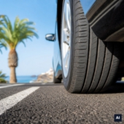 Neumáticos en verano: cómo revisarlos para evitar multas y accidentes en las carreteras canarias. «Imagen generada por IA, cumplimiento EU AI Act»